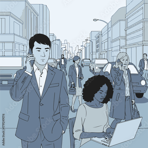 Busy urban street scene with professionals and pedestrians on cell phones and laptops in city environment. Urban lifestyle with engaged individuals shows dynamic interactions on the busy street.