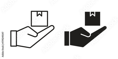 Hand holding box icons in outline, flat style. Vector EPS