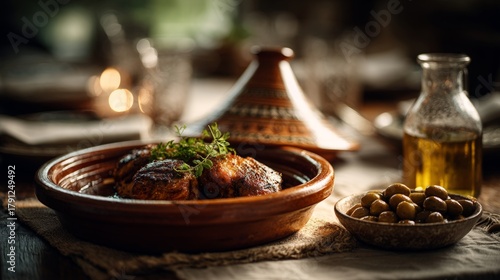 Traditional Moroccan Cuisine with Tagine and Olives