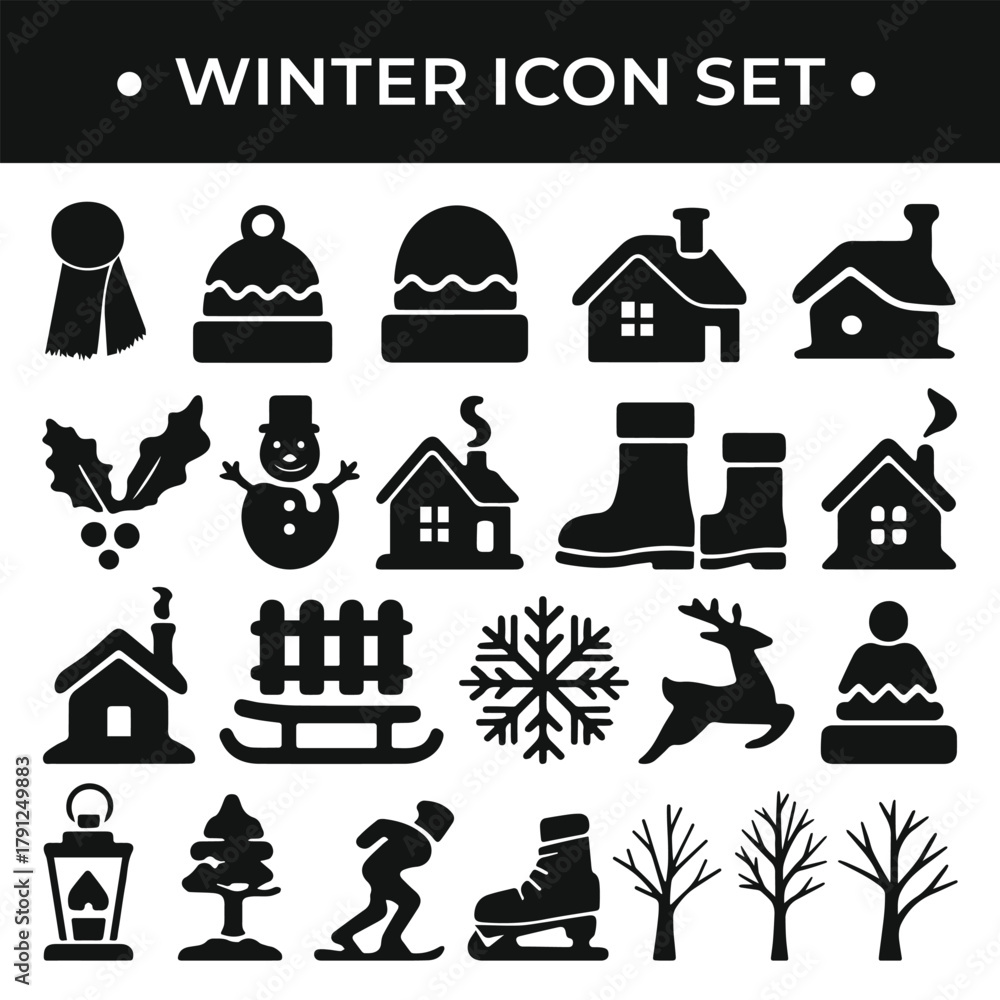 Fototapeta premium Winter Silhouette Vector Collection – Snow, Trees, People & Nature Illustration Set