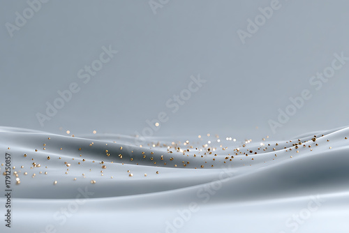 winter wonderland, shimmering gold specks drift in a gentle white mist, creating an ethereal and luxurious winter ambiance