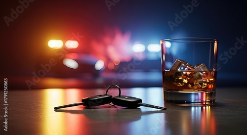 Alcoholic drink with ice beside car keys, blurred emergency vehicle lights signify impaired driving consequences during national prevention month.