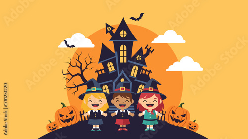 Cheerful Halloween kids in witch costumes with haunted house, pumpkins, and bats on an orange background.