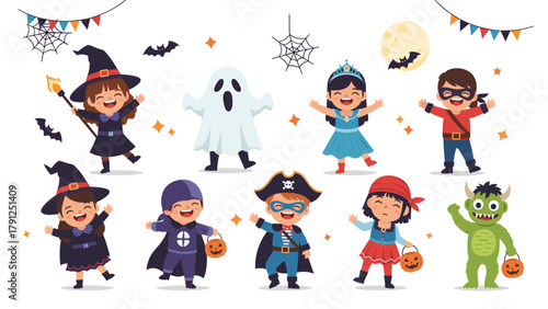 Happy diverse kids in Halloween costumes collection. Cute children dressed as witch, ghost, princess, pirate, superhero for trick or treat.