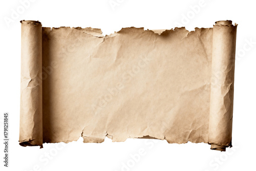 Obraz na płótnie Close up of an old parchment scroll with torn edges isolated on a black backgrou