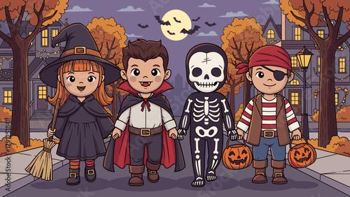 Happy Cartoon Kids in Halloween Costumes Trick-or-Treating on an Autumn Night Street with Spooky Moon and Bats