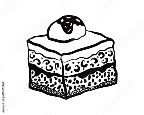 Hand drawn vector tiramisu cake sweet doodle icon.