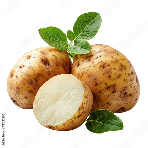 three whole potatoes isolated on a white background, cutout