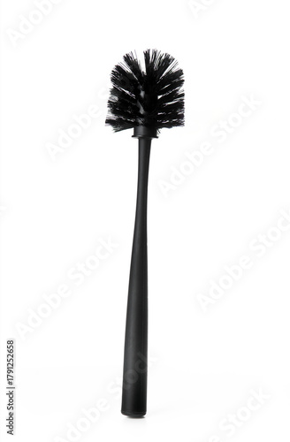 Black toilet brush isolated on white background, modern cleaning tool for bathroom hygiene and home organization.