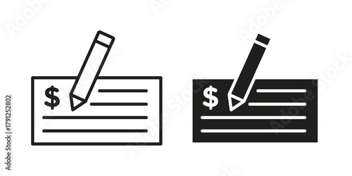 Money check icons in outline, flat style. Vector EPS