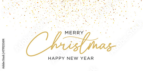 Merry Christmas and New Year card design. Gold glitter decoration, falling sparkling dust texture