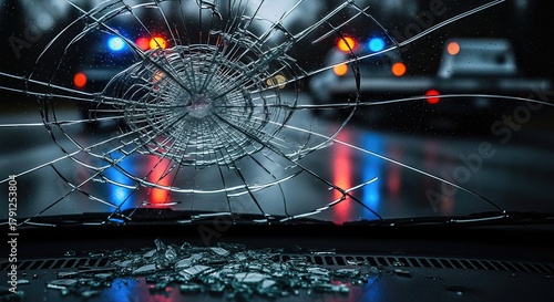 Shattered windshield, blurred police car lights reflecting on wet road, consequence of alcoholic impairment, preventing drunk driving impact.