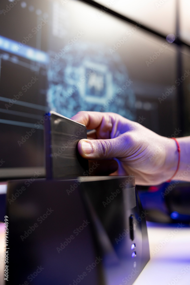 Obraz premium Close up of hacker using SSD to store data gathered from victims using spyware installed on their systems. Evil man inserting hard drive containing exploit used to gain unauthorized access