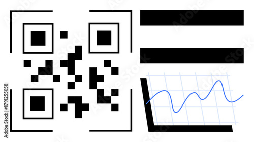 QR code beside a rising line graph and equal bars. Ideal for technology, analytics, business growth, marketing, innovation, digital solutions, and connectivity. Minimalistic flat metaphor