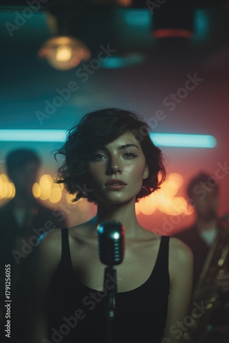 Female singer performing on stage under cinematic lighting
