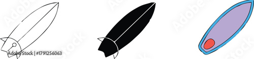 surfboard outline icon showing three graphic styles and leash circle