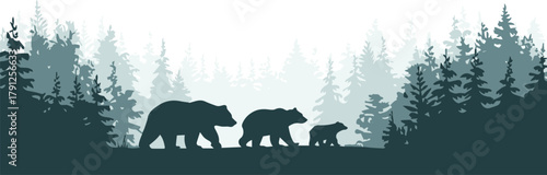 bear walking trio through layered pine forest silhouette vector