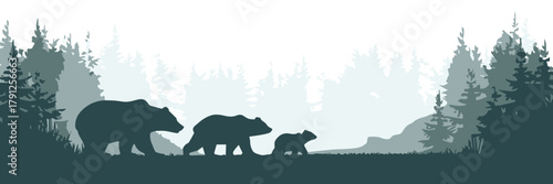 bear family trail among conifer trees forest conservation vector