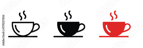 coffee cup icons steam mug on saucer minimal vector set