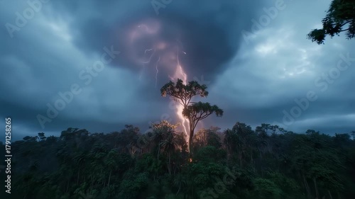 Dramatic jungle scene depicts a solitary tree struck by lightning under ominous, cloudy skies