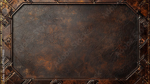 Aged brown leather background with detailed metallic ornamental border, ideal for fantasy, vintage, or steampunk-themed designs.
