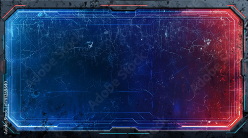Grunge sci-fi user interface frame with glowing blue and red lights, digital tech border and cracked futuristic texture.