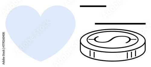 Blue heart and coin with dollar sign, symbolizing love, financial stability, and value. Ideal for finance, relationships, investments, charity savings business ethics and emotional worth. A simple