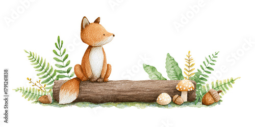 Watercolor illustration of a cute fox sitting on a log surrounded by ferns, mushrooms, and acorns Concept of woodland, forest, nature, and autumn