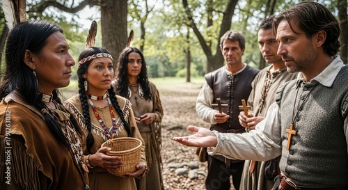 1492 First Contact: Native Americans, European explorers communicate, interact culturally, exchanging goods on the shore, initiating a historical occupation.