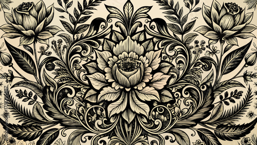 Very beautiful intricate black and white engraved floral background for retro design projects, featuring ornate vintage botanical patterns, detailed leaves and blossoms, and elegant linework that evok