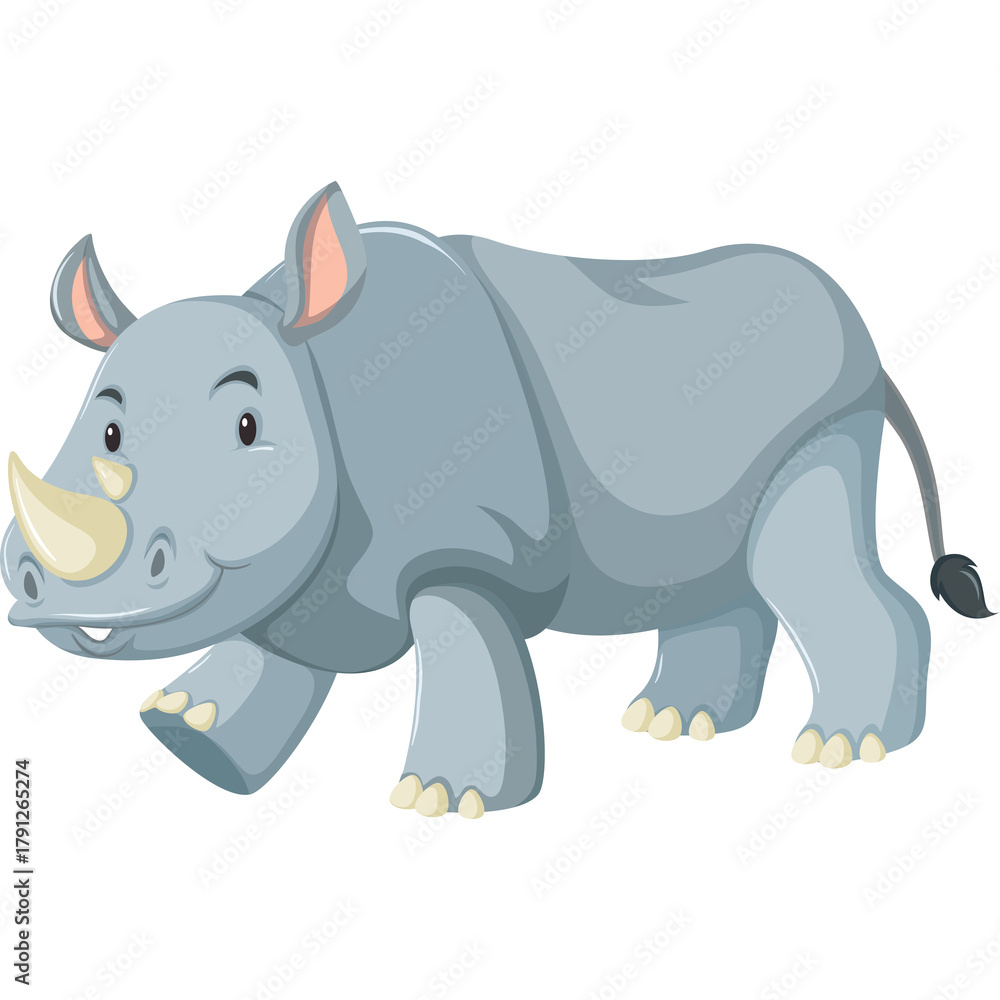 Fototapeta premium A cartoon gray rhinoceros with a beige horn and pink ears stands on a transparent background