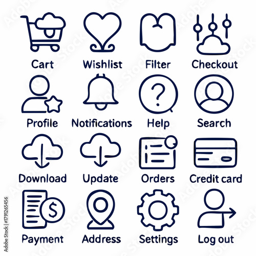 e‑commerce control panel: 4x4 account and checkout icon grid, user actions dashboard