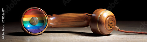 Antique telephone made of polished wood, decorated with rainbow colors