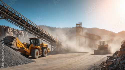 Construction vehicles, including a loader and dozer, move materials at a gravel quarry. Dust clouds rise in the afternoon sun, highlighting the busy industrial activity in the site