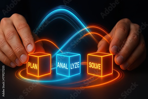 Hands arranging glowing cubes plan analyze solve, business strategy, problem solving process, efficiency management, teamwork success concept