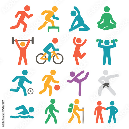 Symbols of Wellness: An assortment of dynamic figures represents diverse activities related to health, exercise, and active living, a vibrant portrayal of movement, health, and a balanced lifestyle.