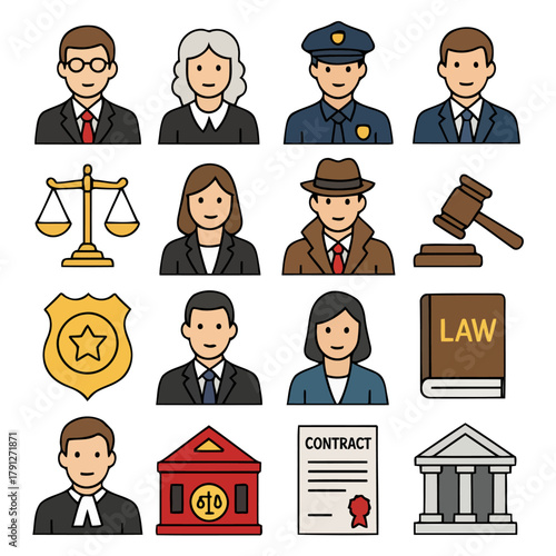 Law Enforcement and Legal Professions Icon Set: A collection of meticulously crafted icons illustrating the diverse figures and symbols central to the legal and law enforcement domains.