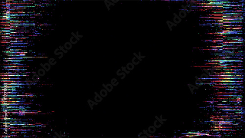 Abstract colorful glitch frame on black background. Digital interference pattern for data distortion modern design or broken signal concept.