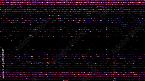Colorful abstract glitch pixel effect on dark background. Digital signal distortion texture for technology and retro themed design.