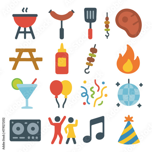 Party Celebration Elements: A collection of vibrant icons, representing the essential elements of a festive gathering, including grilling, food, and music.