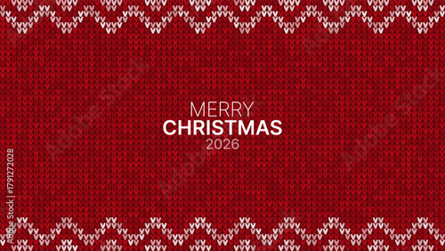 Merry Christmas 2026 text on red knitted background with white nordic pattern for holiday celebration greeting card and winter banner design