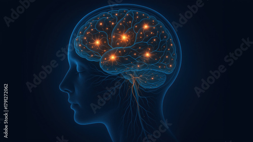 An illustration shows a side profile of a human head with a glowing brain. The brain is lit up with bright spots, symbolizing active thoughts and creativity