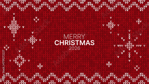 Red knitted background with Merry Christmas 2026 text. Ugly sweater texture with winter snowflake pattern for holiday banner or greeting card.