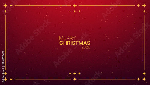 Red christmas background with golden frame and stars with merry christmas 2026 text. Festive design for greeting card or banner.