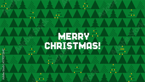 Green pattern with abstract Christmas tree design and Merry Christmas lettering. Geometric holiday season concept for greeting card banner.