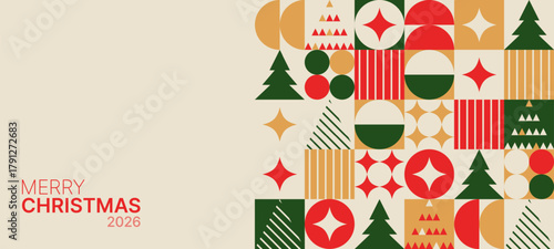 Merry Christmas 2026 greeting card with geometric pattern and holiday elements. Modern vector design for celebration postcard or banner.