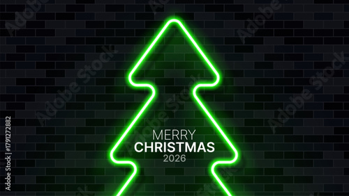 Neon green Christmas tree outline with Merry Christmas 2026 text on a dark brick wall background for holiday greeting card design