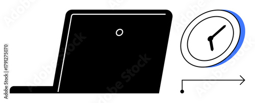 Open laptop with a clock and arrow symbolizing time tracking, productivity, and workflow. Ideal for business, technology, time management, remote work, scheduling, office tasks simple flat metaphor