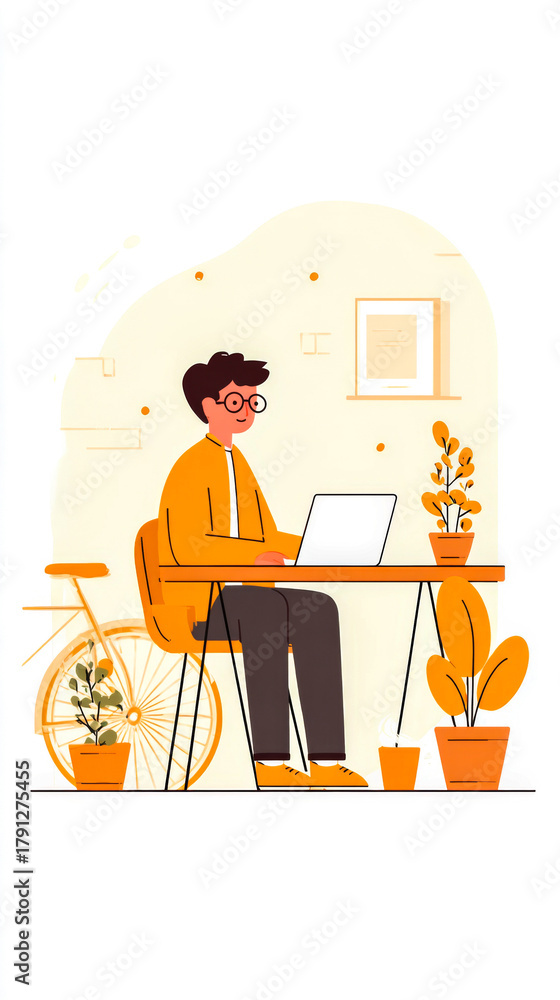 Fototapeta premium Man working on laptop in cozy home office. Balance and inspiration.