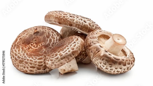 Close-up of multiple mushrooms with natural brown and white color patterns.